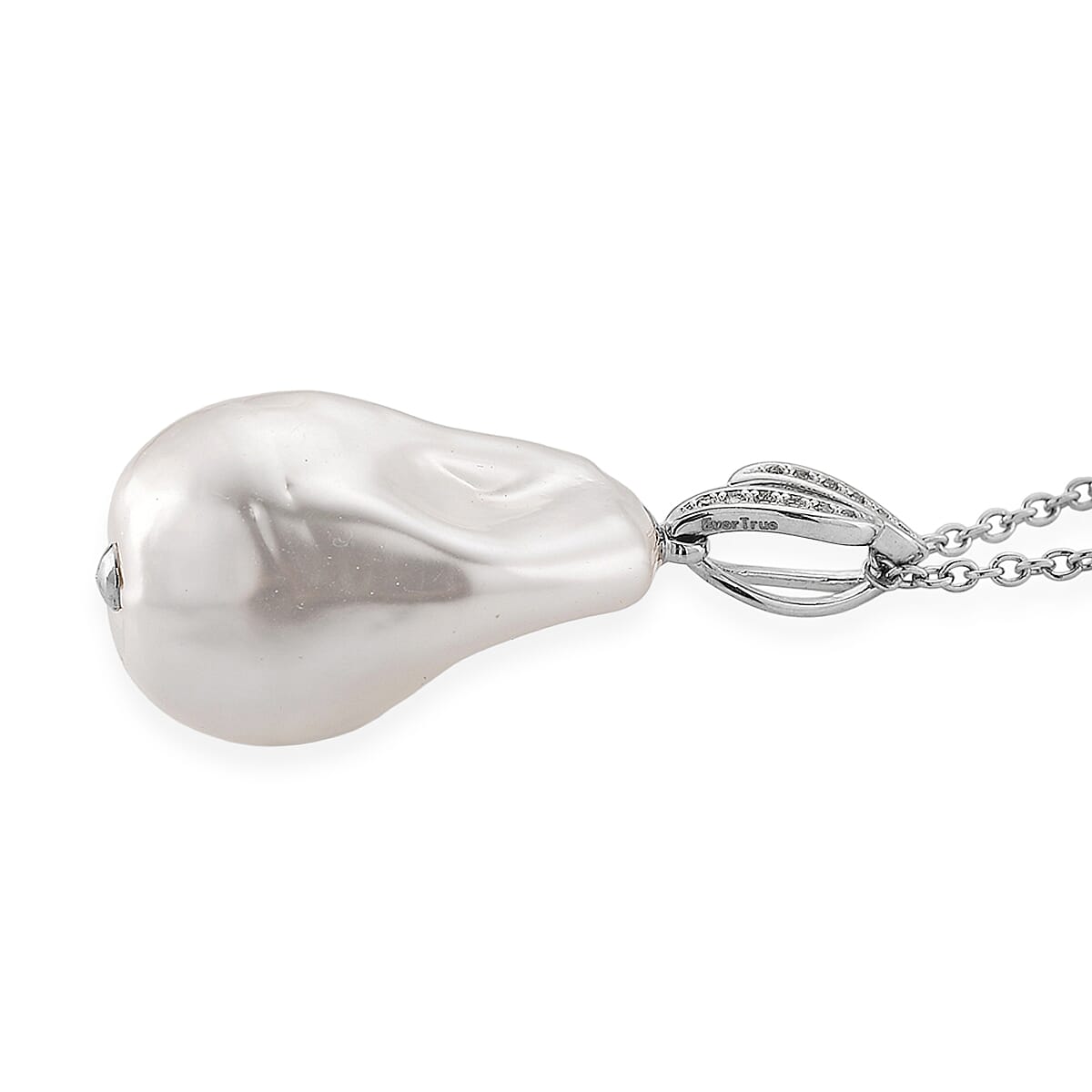 EverTrue White Shell Pearl and Simulated Diamond Pendant in Silvertone with Stainless Steel Necklace 20 Inches 