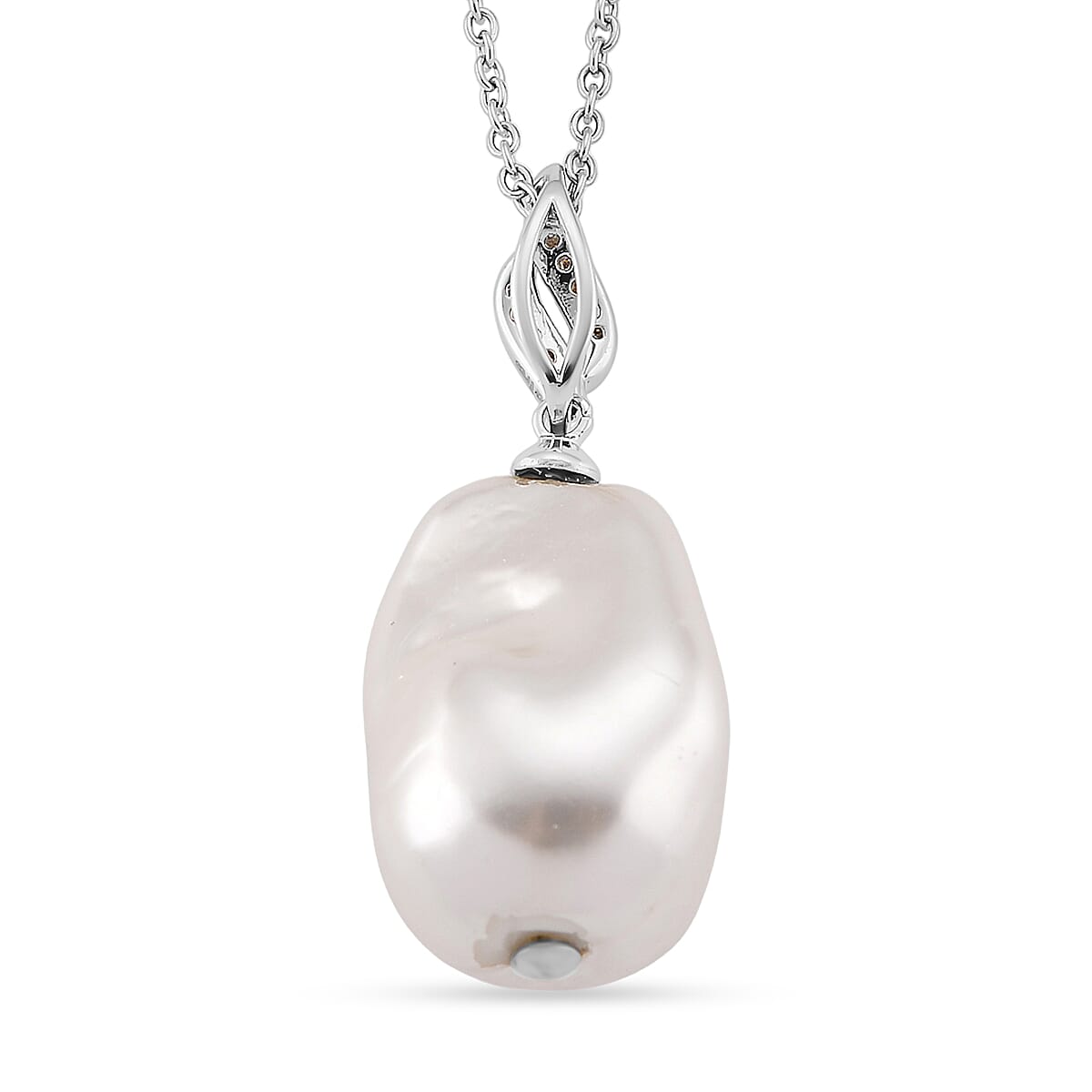 EverTrue White Shell Pearl and Simulated Diamond Pendant in Silvertone with Stainless Steel Necklace 20 Inches 