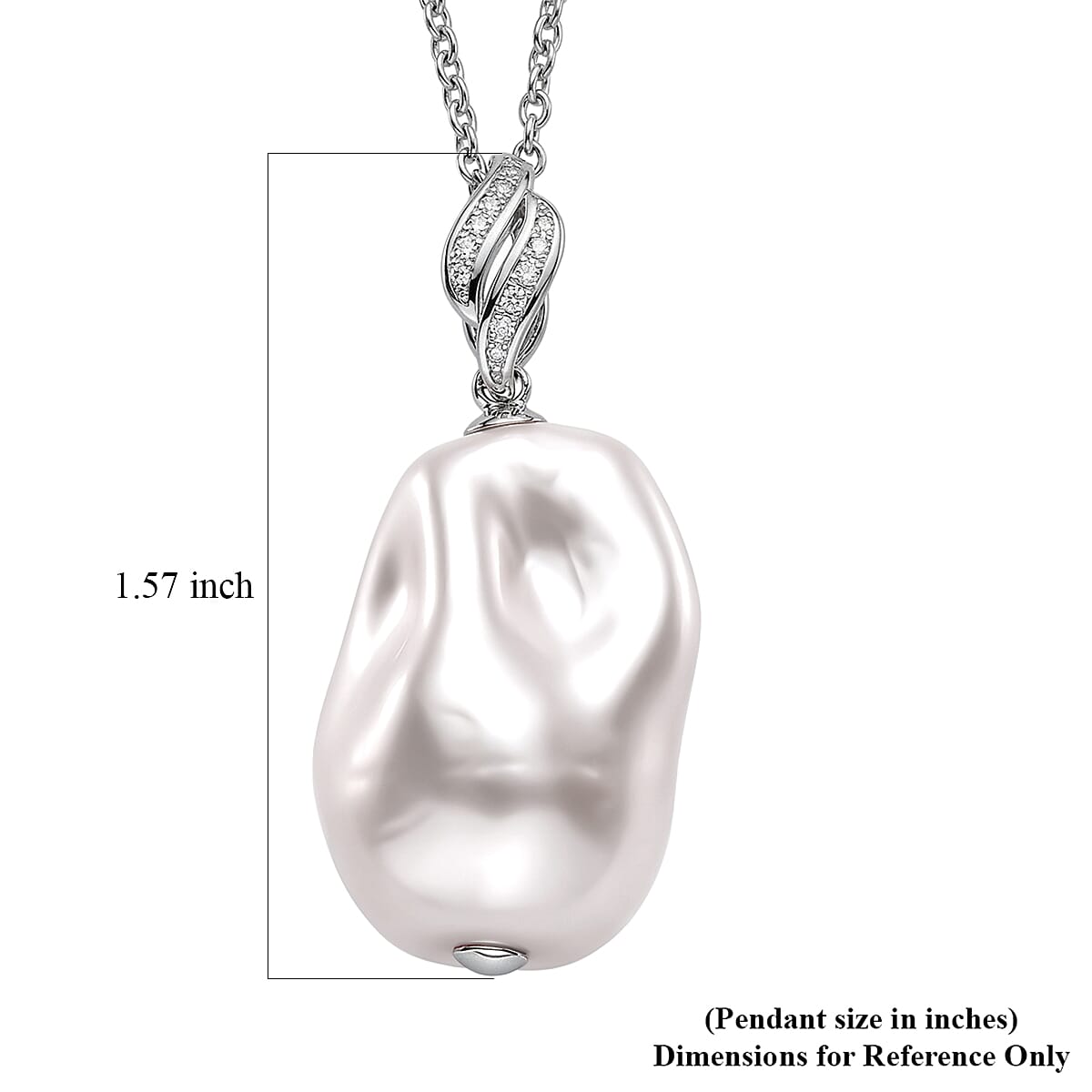 EverTrue White Shell Pearl and Simulated Diamond Pendant in Silvertone with Stainless Steel Necklace 20 Inches 