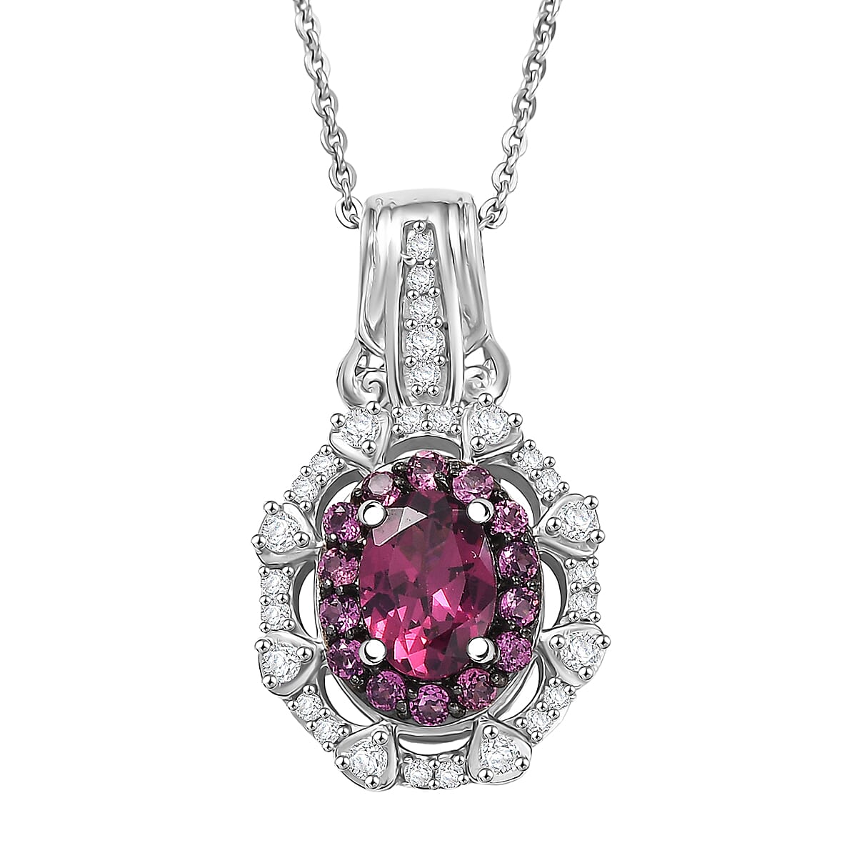 D'Joy Radiant Ember Garnet and White Zircon 1.70 ctw Royal Rose Bloom Pendant Necklace (20 Inches) in Rhodium Over Sterling Silver