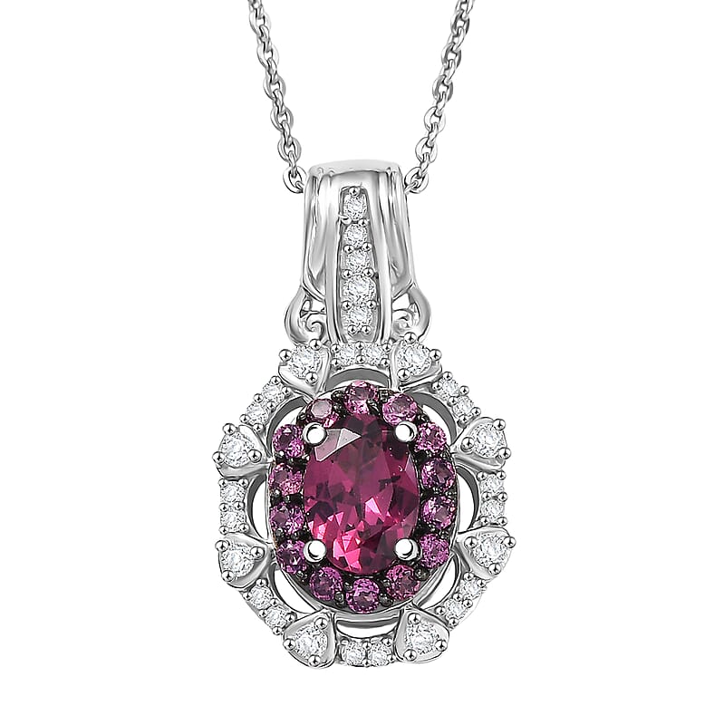 D'Joy Radiant Ember Garnet and White Zircon 1.70 ctw Royal Rose Bloom Pendant Necklace (20 Inches) in Rhodium Over Sterling Silver
