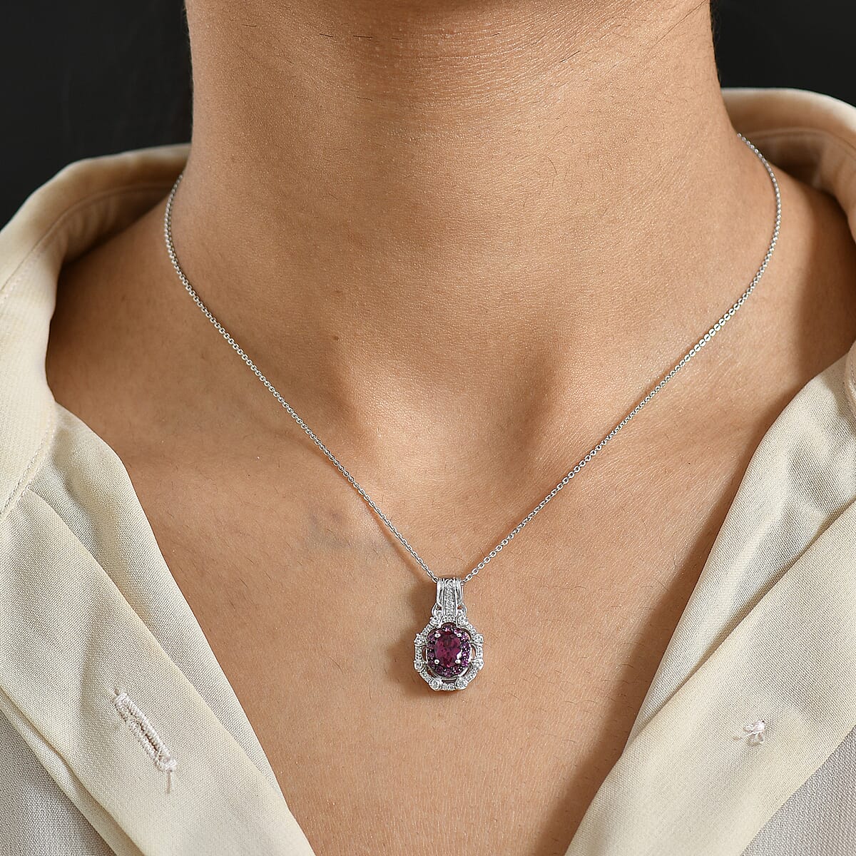 D'Joy Radiant Ember Garnet and White Zircon 1.70 ctw Pendant Necklace in Rhodium Over Sterling Silver 20 Inches image number 2