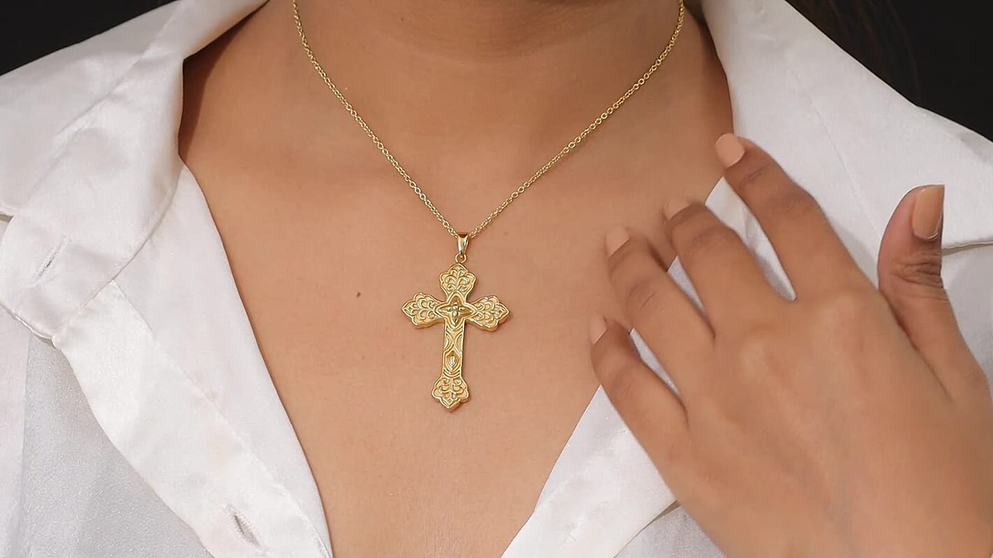 EverTrue Bronzella Collection Eternal Faith Cross Pendant in 18K YG Plated Bronze with ION Plated YG Stainless Steel Necklace 20 Inches