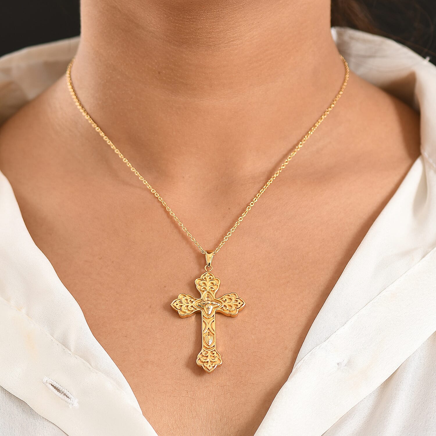 EverTrue Bronzella Collection Eternal Faith Cross Pendant in 18K YG Plated Bronze with ION Plated YG Stainless Steel Necklace 20 Inches