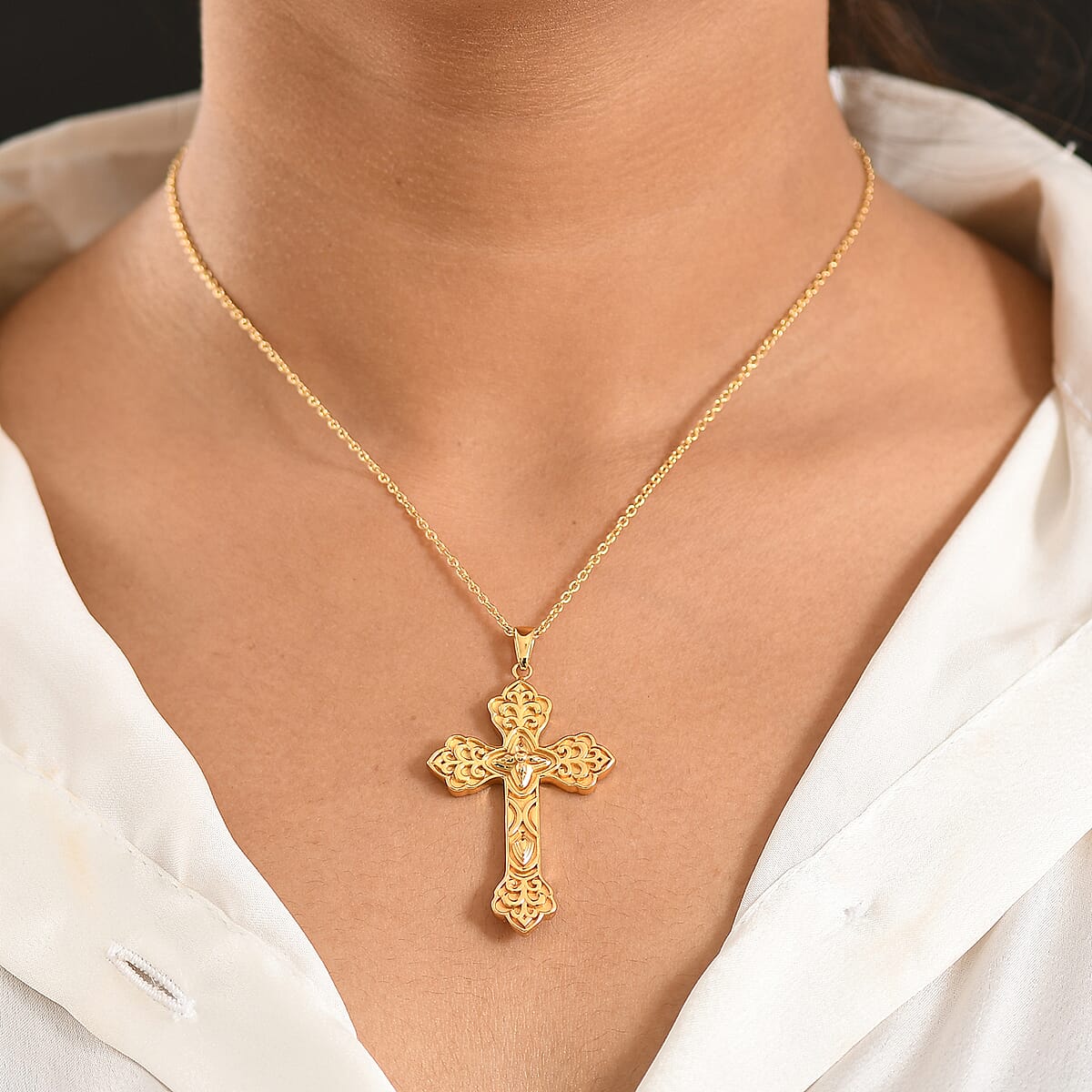 EverTrue Bronzella Collection Cross Pendant in 18K YG Plated Bronze with ION Plated YG Stainless Steel Necklace 20 Inches image number 2