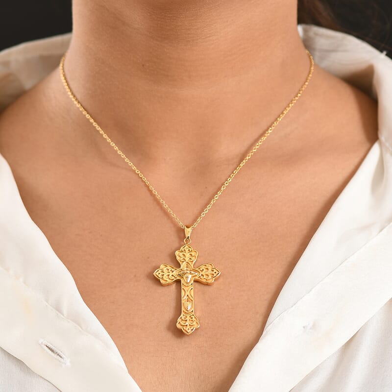 EverTrue Bronzella Collection Eternal Faith Cross Pendant in 18K YG Plated Bronze with ION Plated YG Stainless Steel Necklace 20 Inches