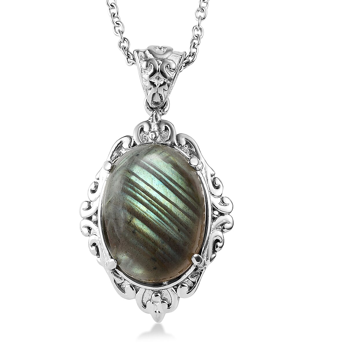 EverTrue Malagasy Labradorite 10.50 ctw Pendant Necklace in Stainless Steel 20 Inches