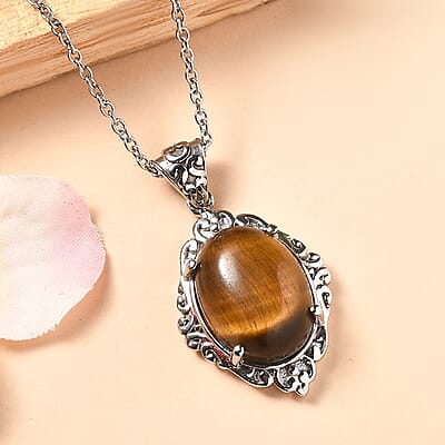 EverTrue Tigers Eye 9.50 ctw Pendant Necklace in Stainless Steel 20 Inches