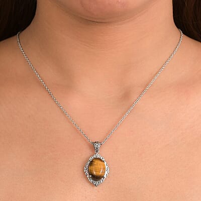 EverTrue Tigers Eye 9.50 ctw Pendant Necklace in Stainless Steel 20 Inches