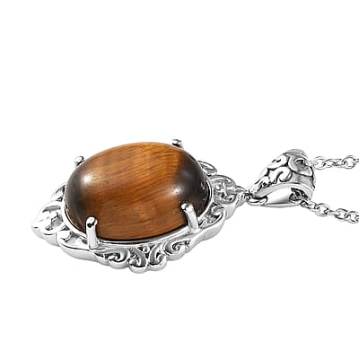 EverTrue Tigers Eye 9.50 ctw Pendant Necklace in Stainless Steel 20 Inches