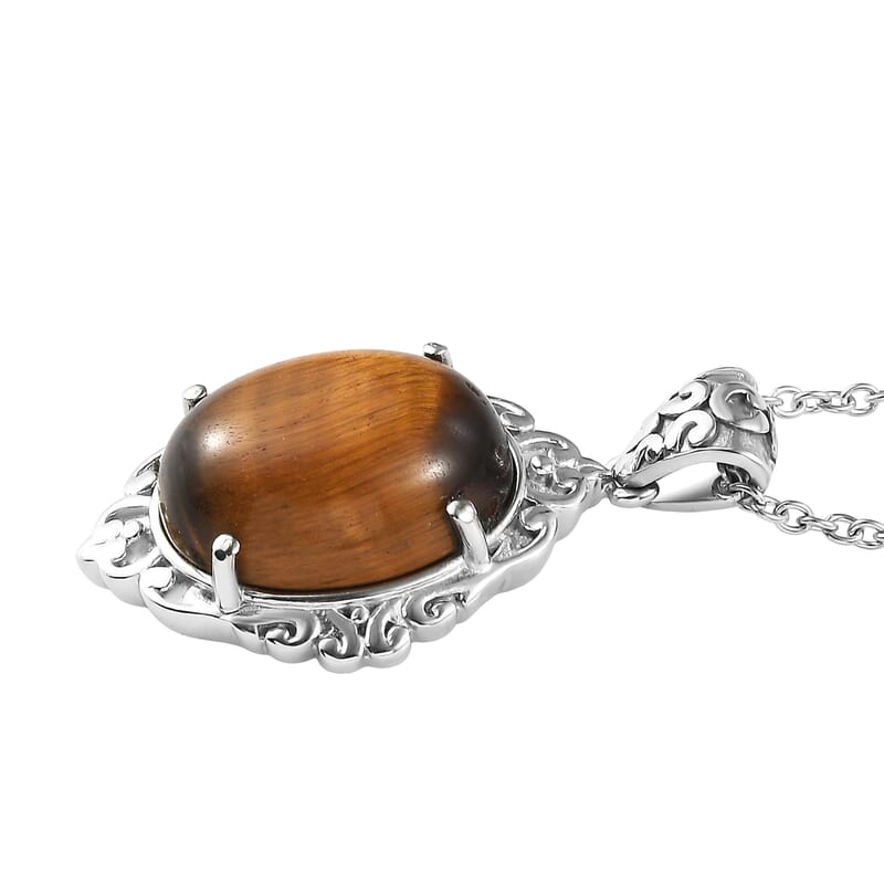 EverTrue Tigers Eye 9.50 ctw Pendant Necklace in Stainless Steel 20 Inches