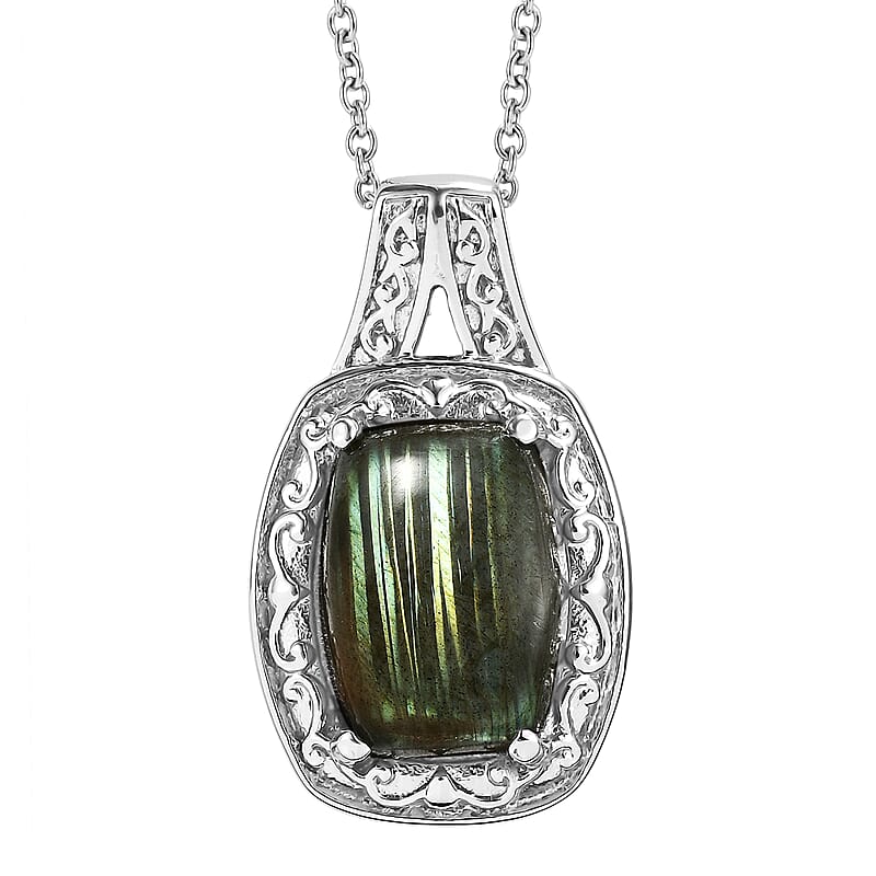 EverTrue Malagasy Labradorite 11.90 ctw Pendant Necklace in Stainless Steel 20 Inches