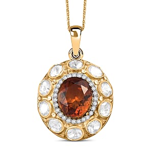 Doorbuster D'Joy Premium Red Citrine and Moissanite 6.65 ctw Royal Fire Glow Pendant Necklace in 18K Vermeil Yellow Gold Over Sterling Silver 20 Inches