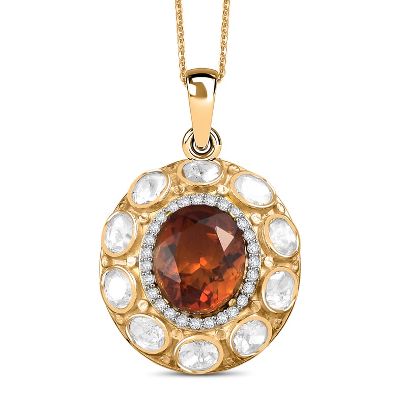 D'Joy Premium Red Citrine and Moissanite 6.65 ctw Royal Fire Glow Pendant Necklace in 18K Vermeil Yellow Gold Over Sterling Silver 20 Inches