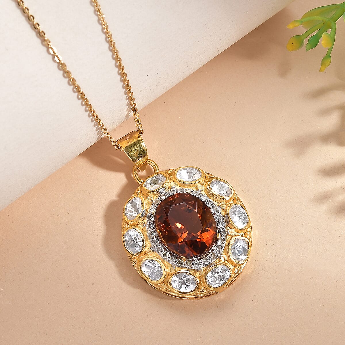 Doorbuster D'Joy Premium Red Citrine and Moissanite 6.65 ctw Royal Fire Glow Pendant Necklace in 18K Vermeil Yellow Gold Over Sterling Silver 20 Inches image number 1