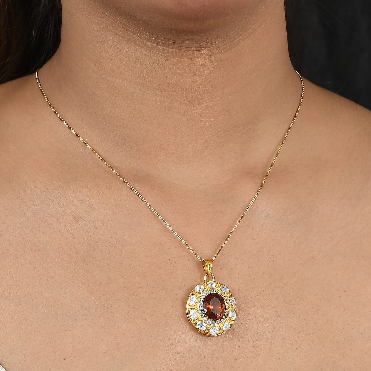 Doorbuster D'Joy Premium Red Citrine and Moissanite 6.65 ctw Royal Fire Glow Pendant Necklace in 18K Vermeil Yellow Gold Over Sterling Silver 20 Inches image number 2