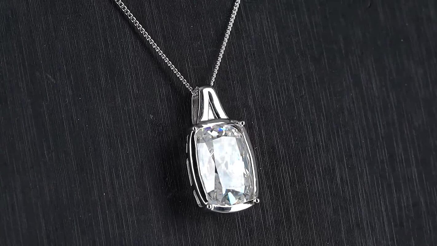 D'Joy Old Mine Cut Moissanite (Cush 16x11mm) Pendant Necklace (18 Inches) in Rhodium Over Sterling Silver 10.00 ctw