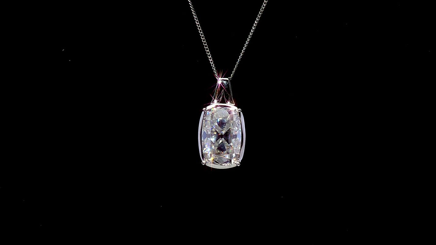 D'Joy Old Mine Cut Moissanite (Cush 16x11mm) Pendant Necklace (18 Inches) in Rhodium Over Sterling Silver 10.00 ctw