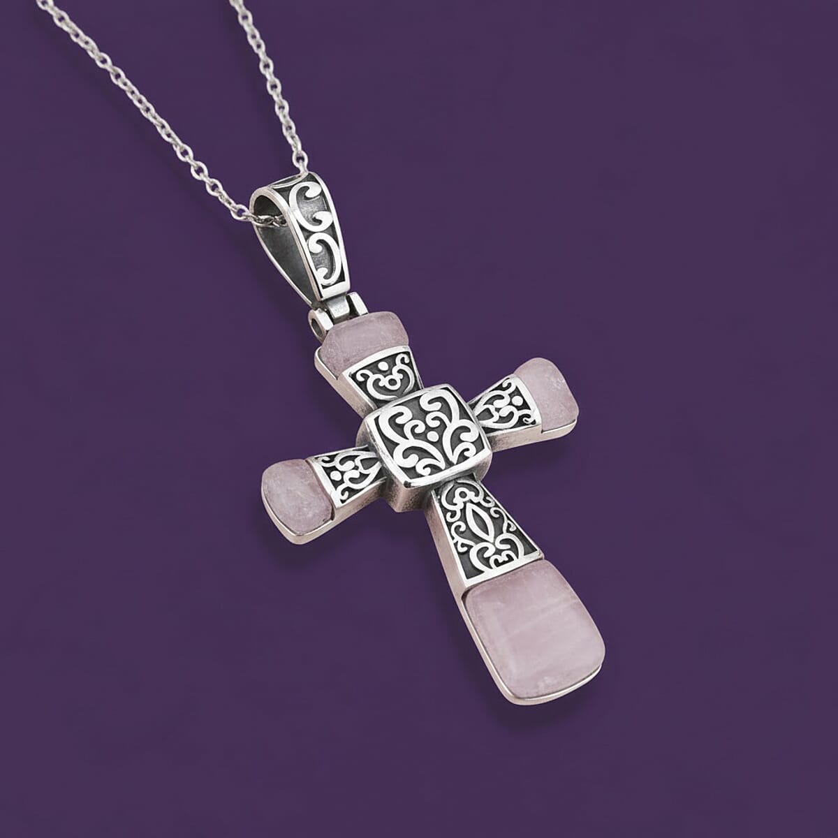 Rose Quartz 6.00 ctw Inlay Cross Pendant Necklace in Stainless Steel 24 Inches  image number 1