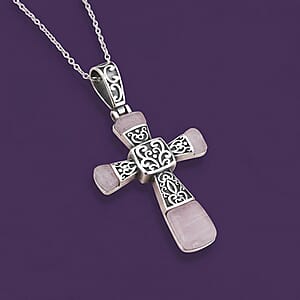 Rose Quartz 6.00 ctw Inlay Cross Pendant Necklace in Stainless Steel 24 Inches 