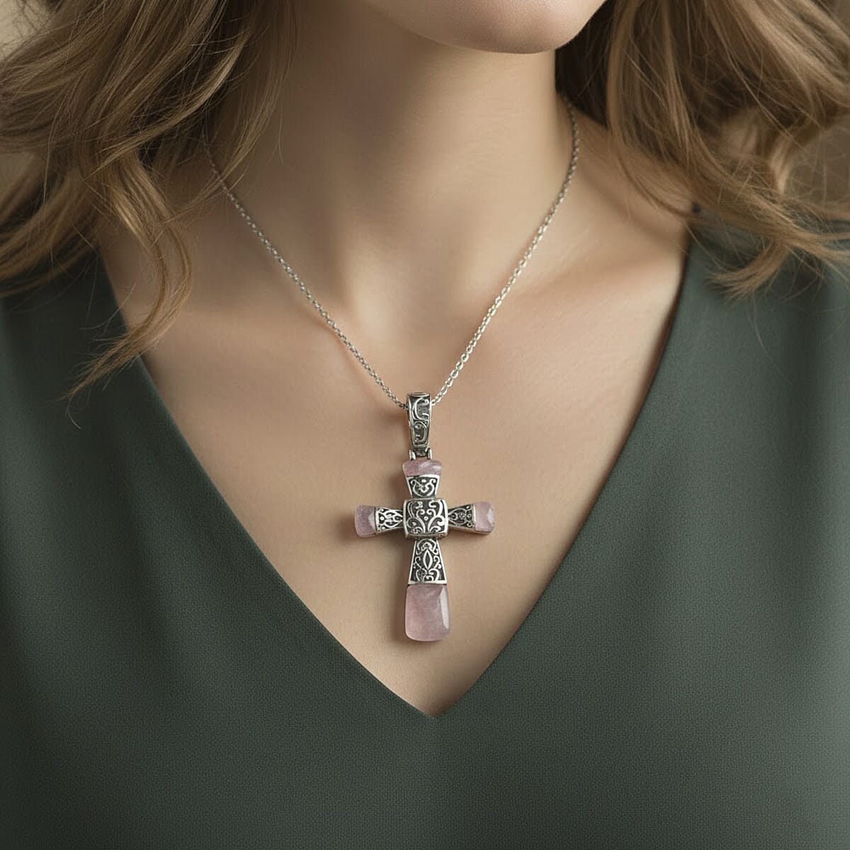 Rose Quartz 6.00 ctw Inlay Cross Pendant Necklace in Stainless Steel 24 Inches  image number 2