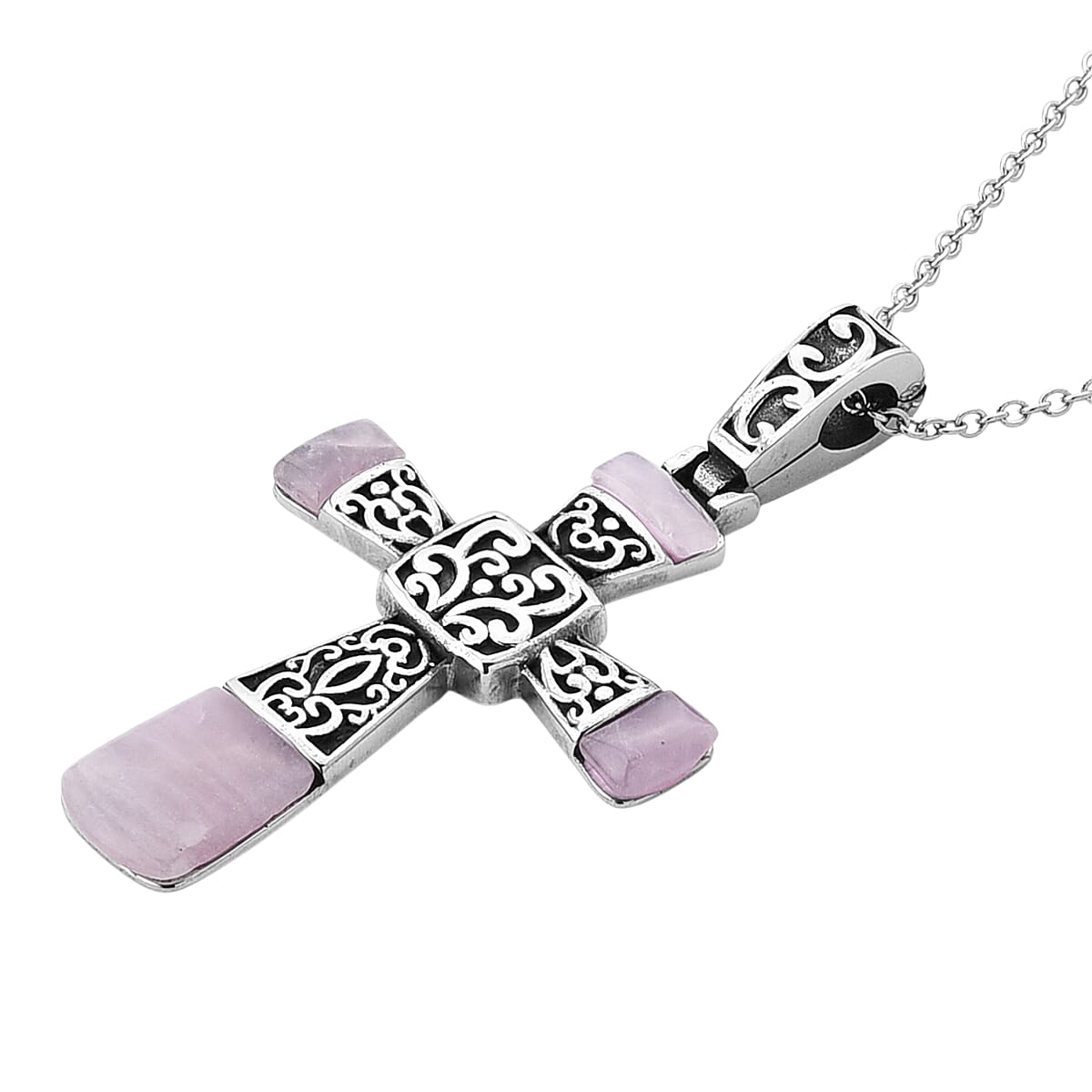 Rose Quartz 6.00 ctw Inlay Cross Pendant Necklace in Stainless Steel 24 Inches  image number 3