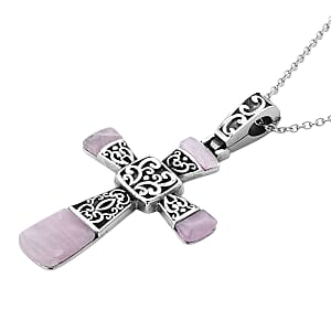 Rose Quartz 6.00 ctw Inlay Cross Pendant Necklace in Stainless Steel 24 Inches 