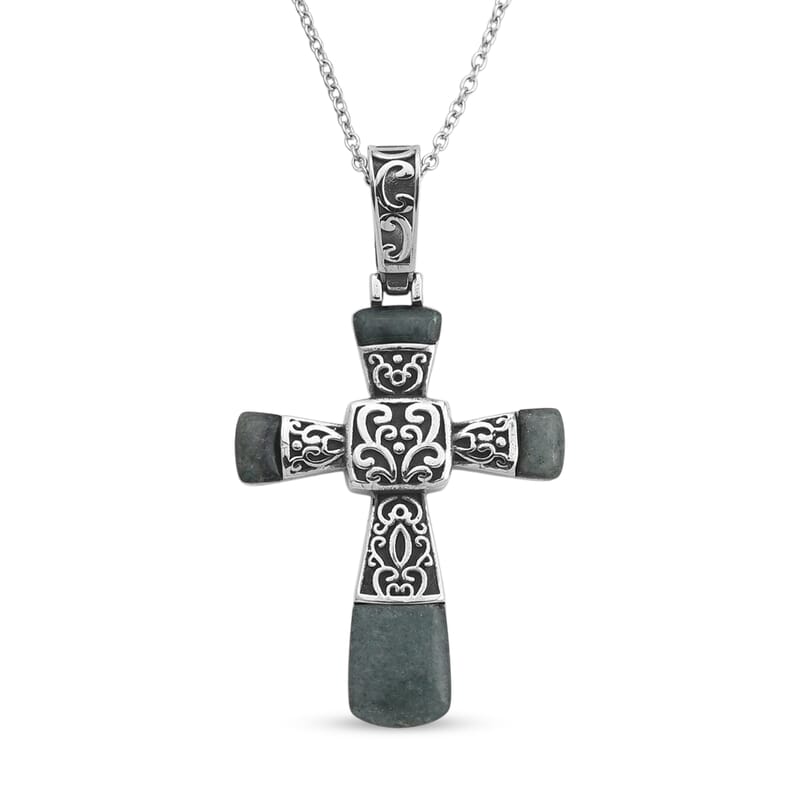 Green Aventurine 6.00 ctw Inlay Cross Pendant Necklace in Stainless Steel 24 Inches