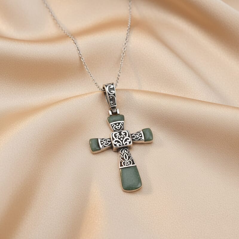 Green Aventurine 6.00 ctw Inlay Cross Pendant Necklace in Stainless Steel 24 Inches