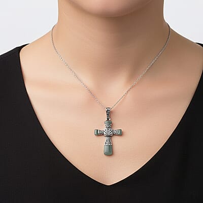 Green Aventurine 6.00 ctw Inlay Cross Pendant Necklace in Stainless Steel 24 Inches