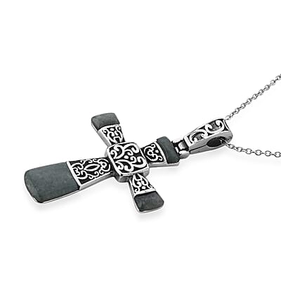 Green Aventurine 6.00 ctw Inlay Cross Pendant Necklace in Stainless Steel 24 Inches