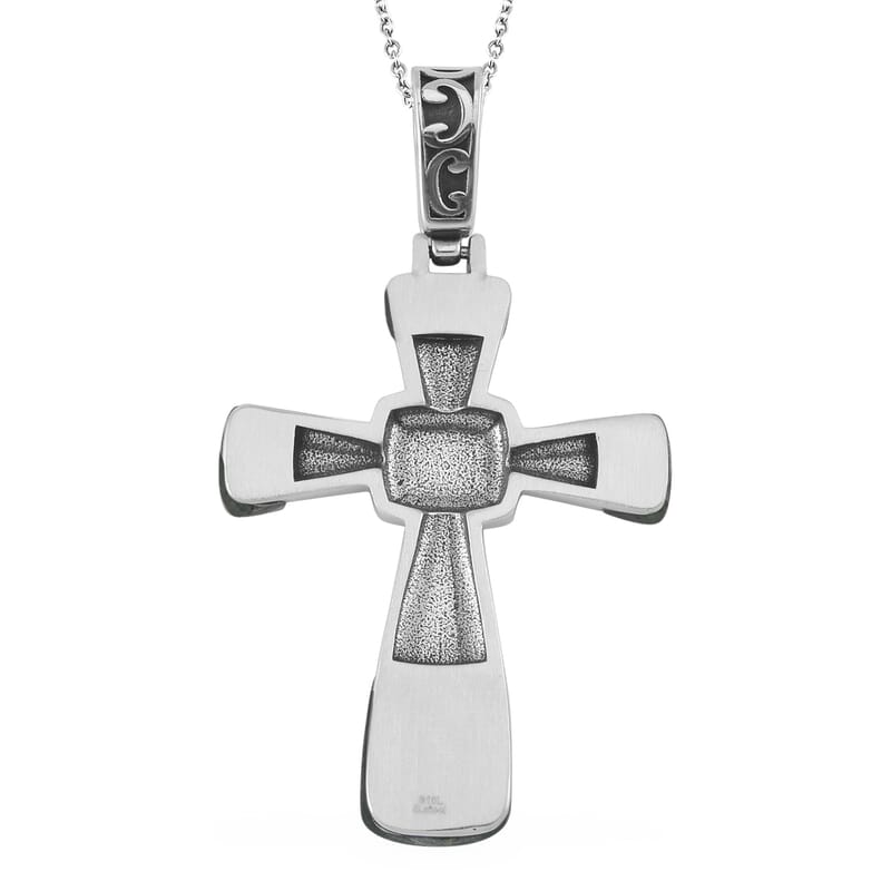 Green Aventurine 6.00 ctw Inlay Cross Pendant Necklace in Stainless Steel 24 Inches