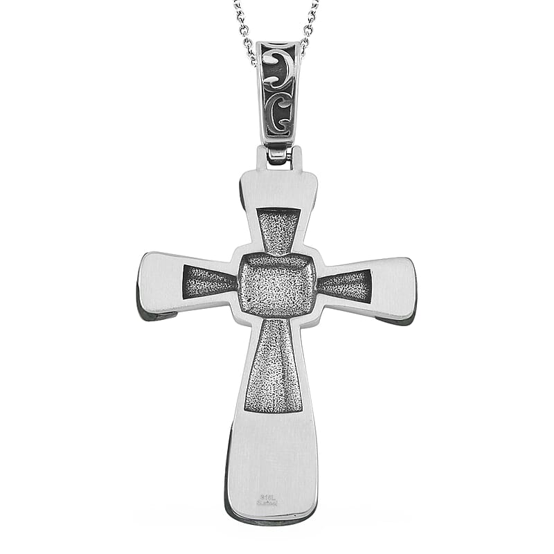 Green Aventurine 6.00 ctw Inlay Cross Pendant Necklace in Stainless Steel 24 Inches