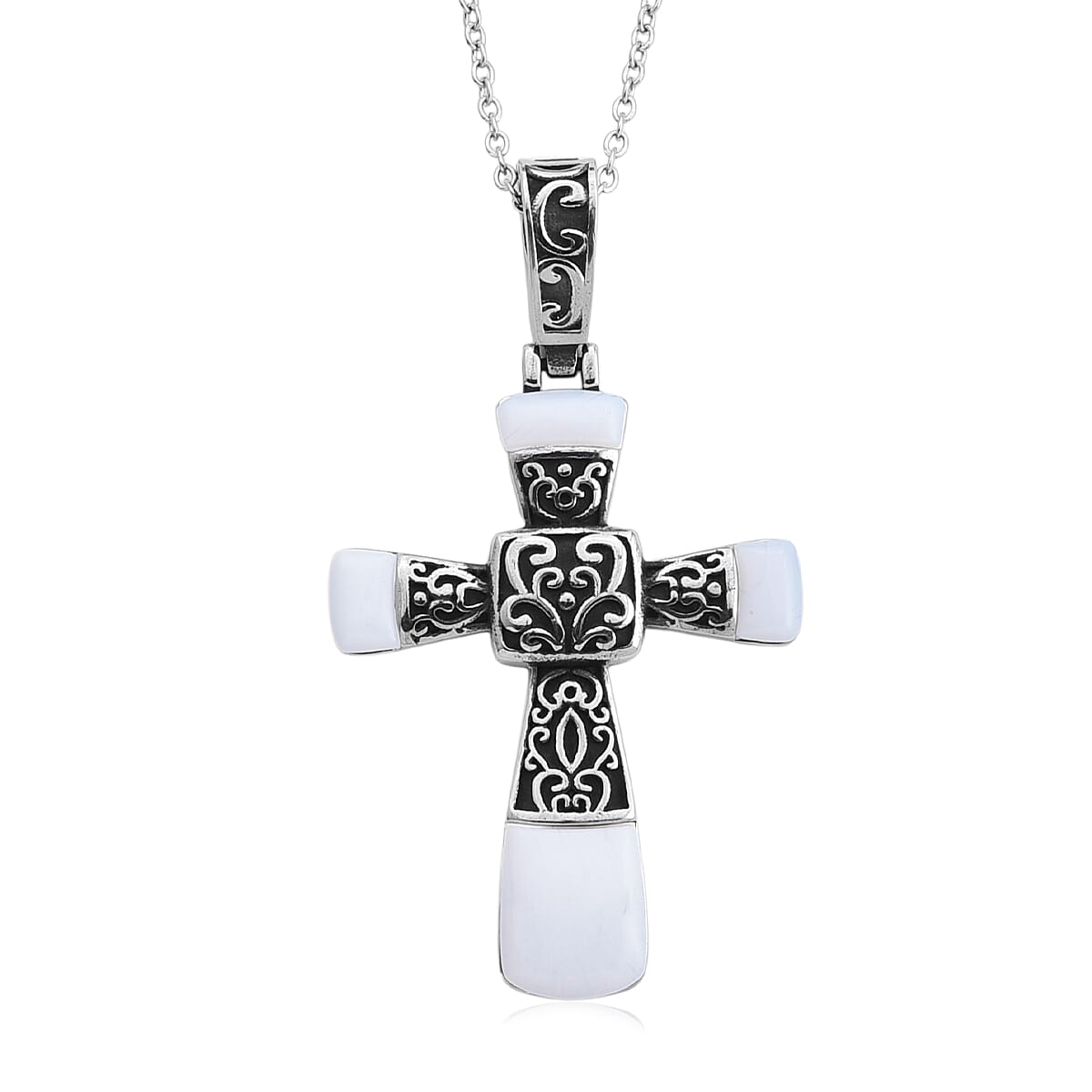 Opalite 6.00 ctw Inlay Cross Pendant Necklace in Stainless Steel 24 Inches
