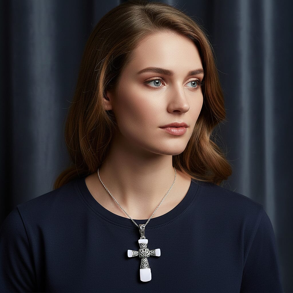 Opalite 6.00 ctw Inlay Cross Pendant Necklace in Stainless Steel 24 Inches