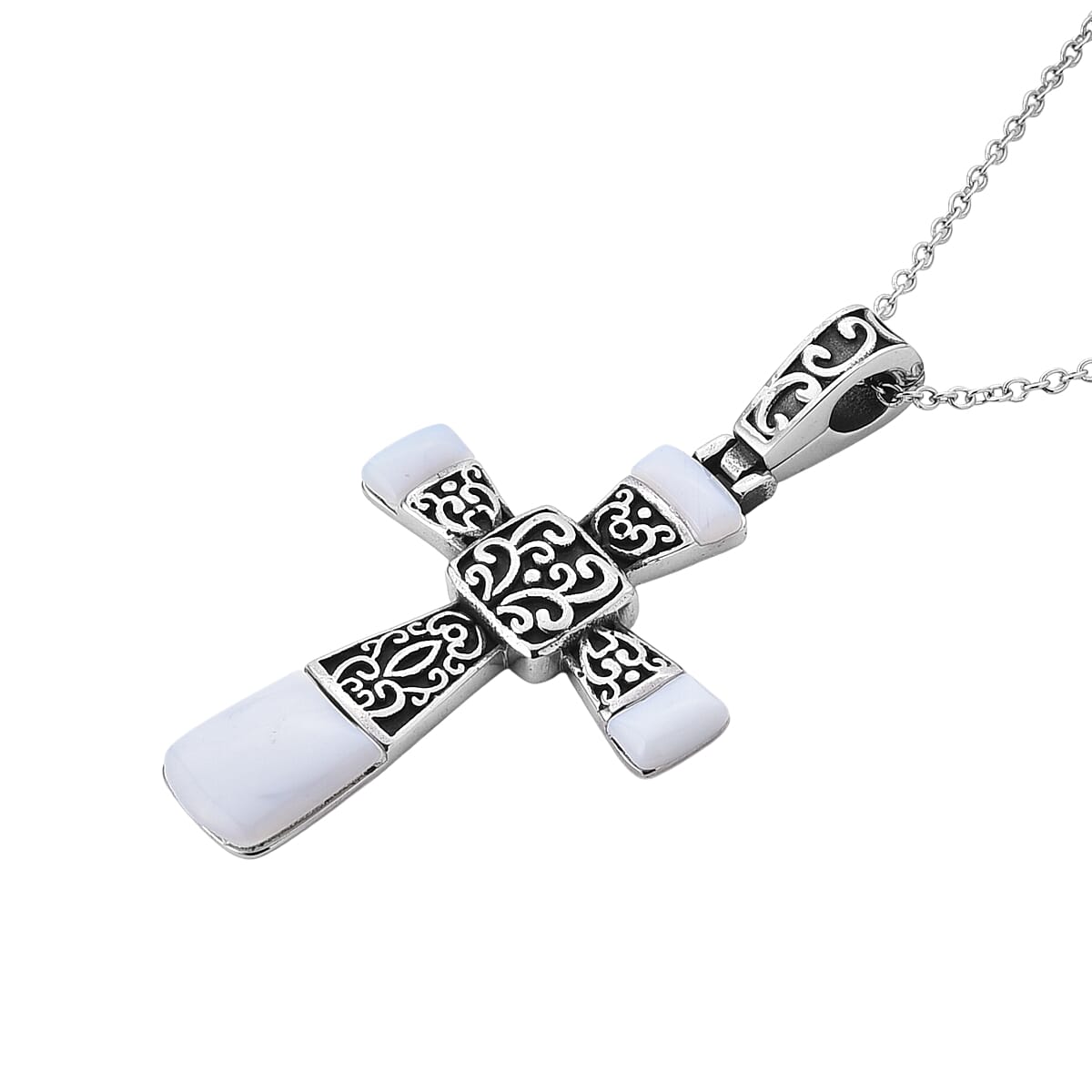 Opalite 6.00 ctw Inlay Cross Pendant Necklace in Stainless Steel 24 Inches