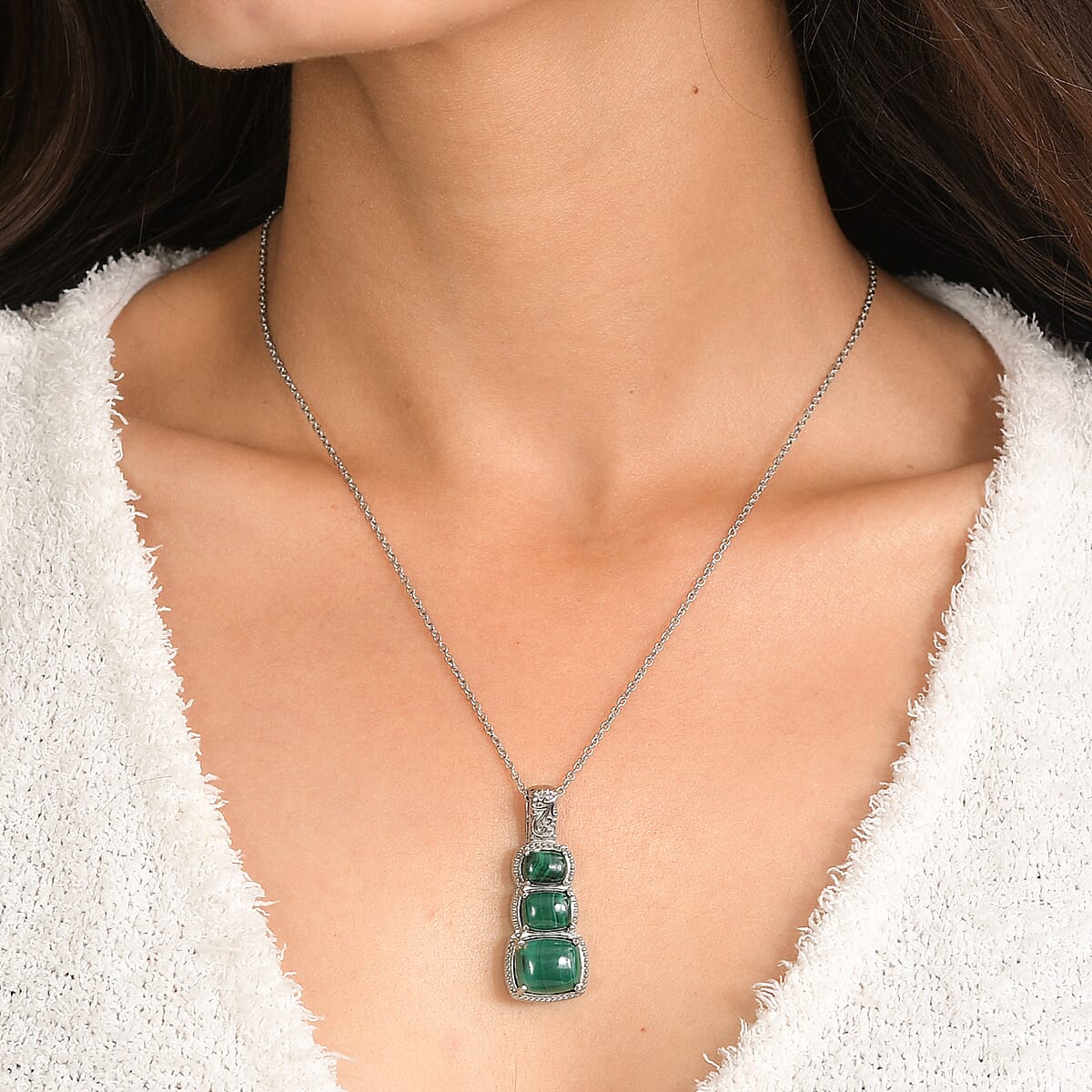 EverTrue African Malachite 13.10 ctw Pendant Necklace in Stainless Steel 20 Inches  image number 2
