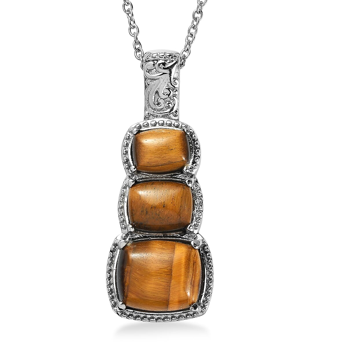 EverTrue Tiger Eye 10.50 ctw Pendant Necklace in Stainless Steel 20 Inches