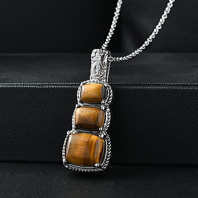 EverTrue Tiger Eye 10.50 ctw Pendant Necklace in Stainless Steel 20 Inches