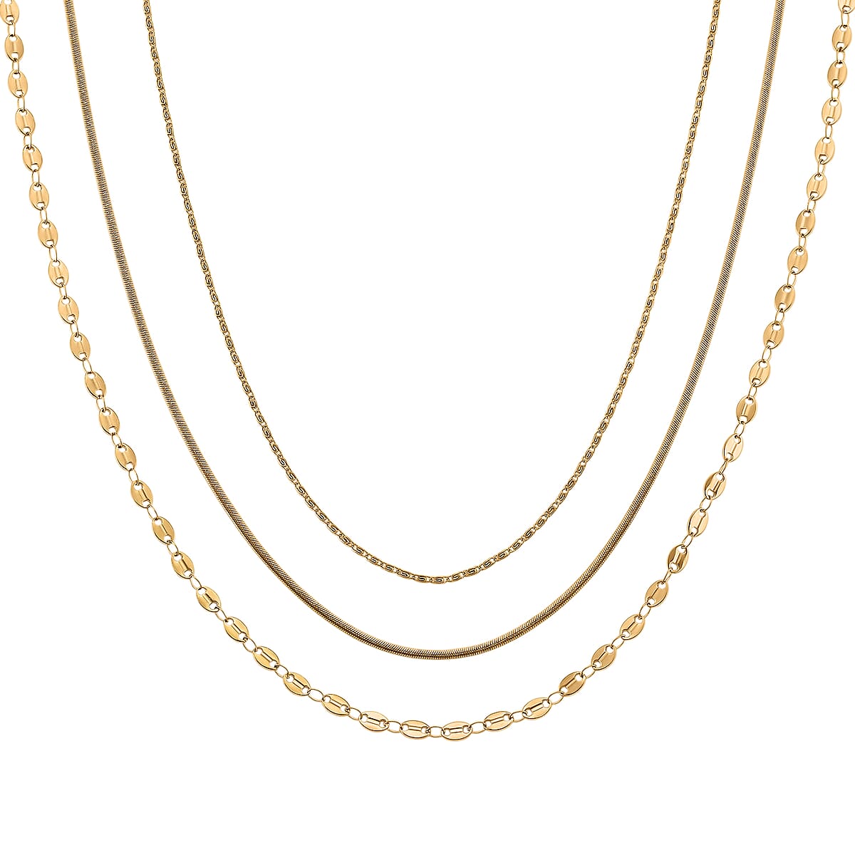 Doorbuster Set of 3 Link, Small Link and Snake Chain Necklace in ION Plated YG Stainless Steel 20-22 Inches image number 0
