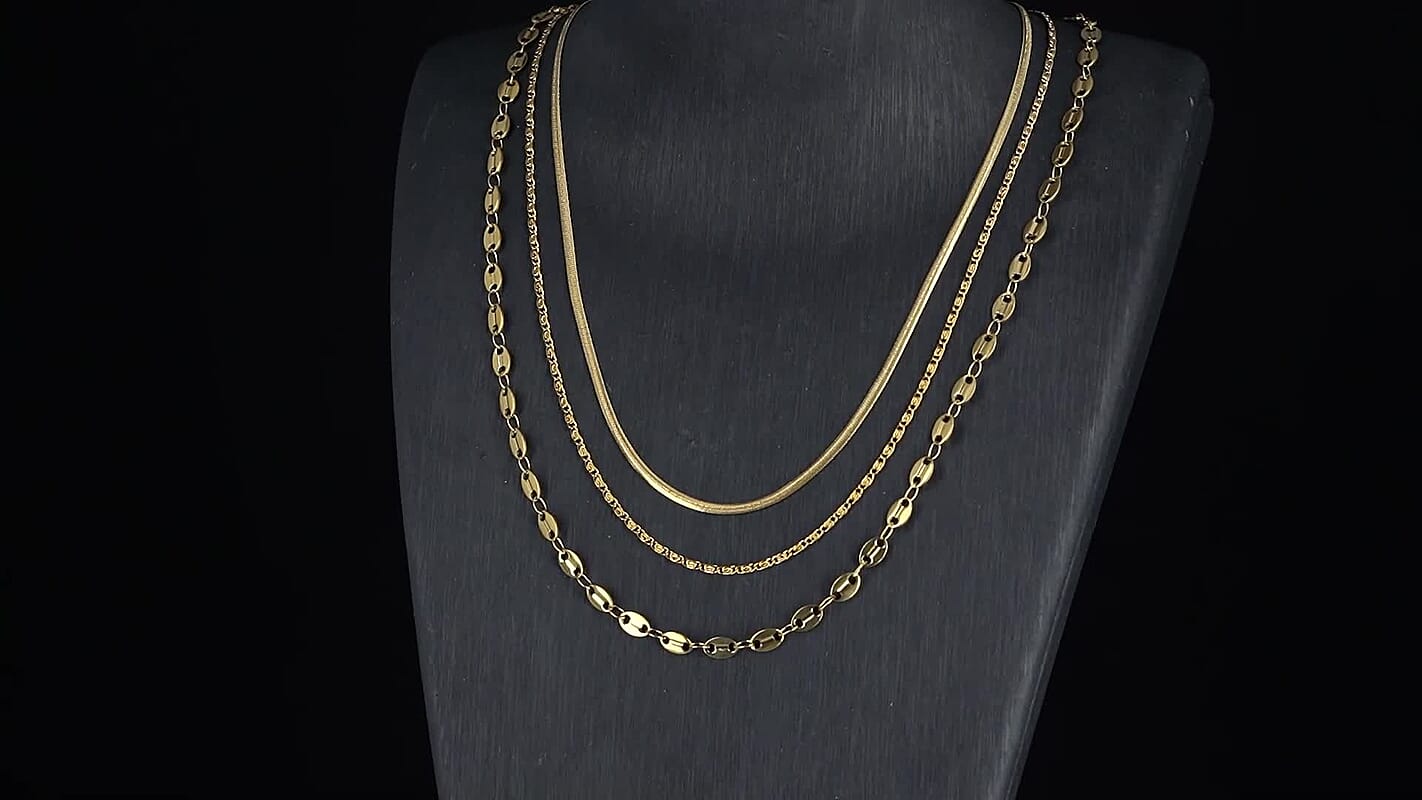 Set of 3 Chain Necklace in ION Plated YG Stainless Steel ( Link Chain, Small Link Chain and Snake Chain) ( (20-22 Inches)