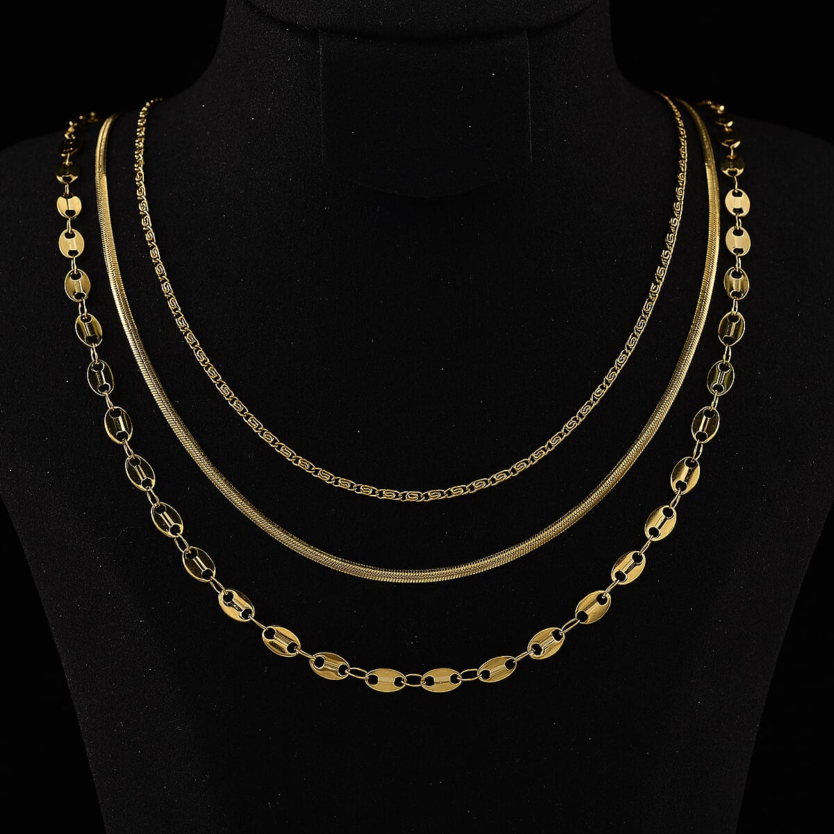 Doorbuster Set of 3 Link, Small Link and Snake Chain Necklace in ION Plated YG Stainless Steel 20-22 Inches image number 1