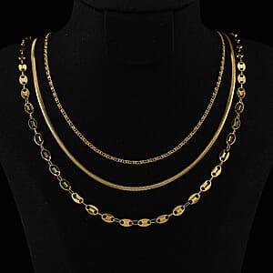 Doorbuster Set of 3 Chain Necklace in ION Plated YG Stainless Steel ( Link Chain, Small Link Chain and Snake Chain) ( (20-22 Inches)