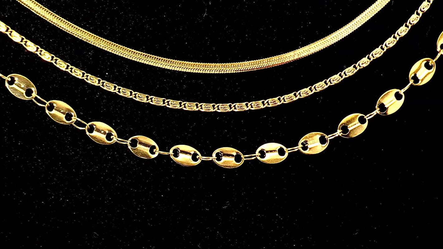 Set of 3 Chain Necklace in ION Plated YG Stainless Steel ( Link Chain, Small Link Chain and Snake Chain) ( (20-22 Inches)