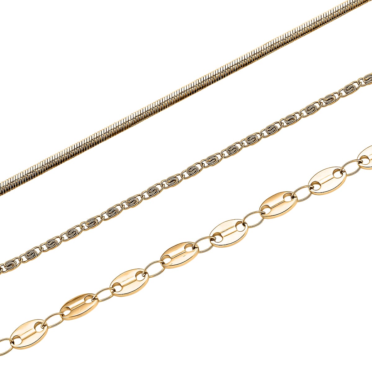 Doorbuster Set of 3 Link, Small Link and Snake Chain Necklace in ION Plated YG Stainless Steel 20-22 Inches image number 3