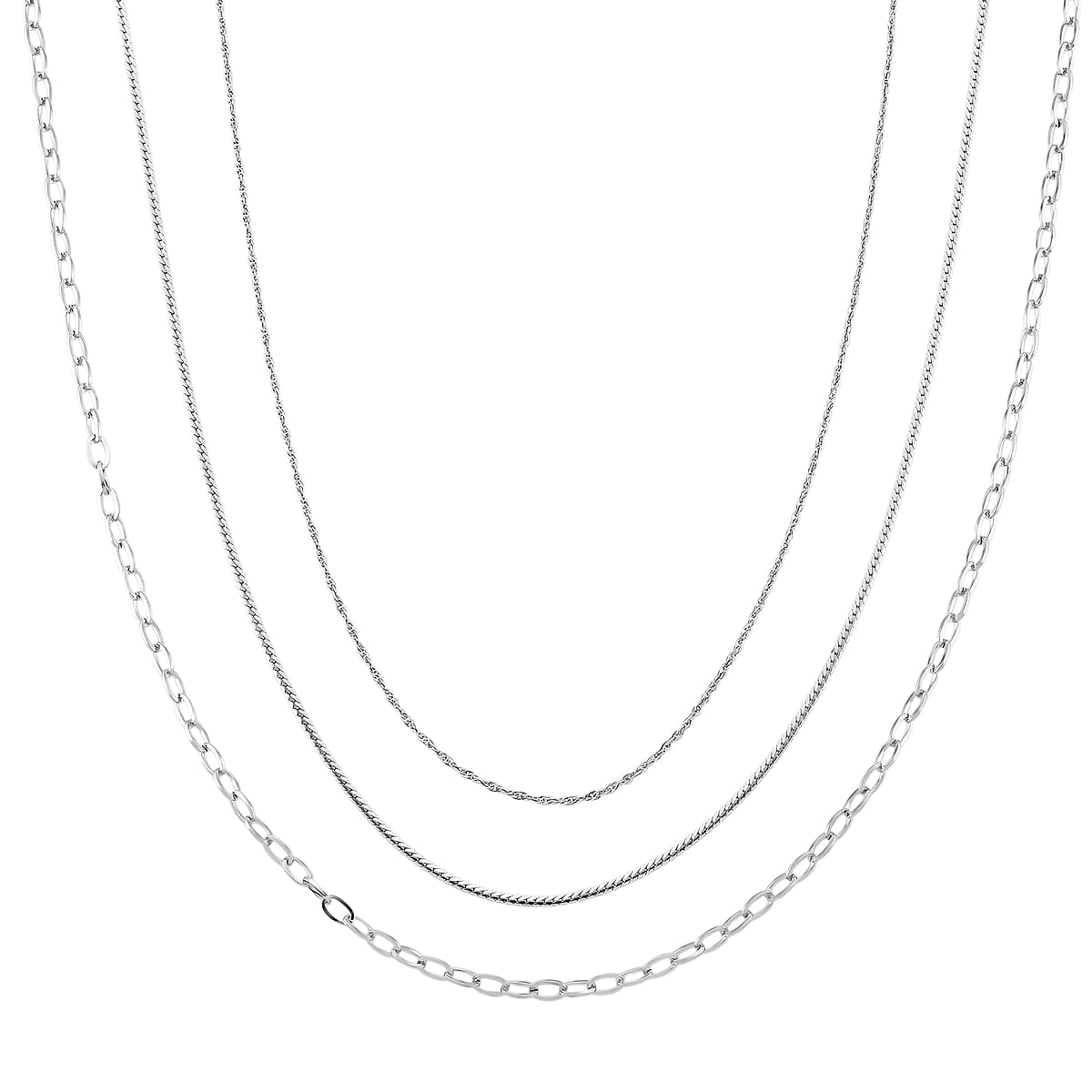 Doorbuster Set of 3 Fine, Link and Twisted Rope Chain Necklace in Stainless Steel 20-22 Inches image number 0
