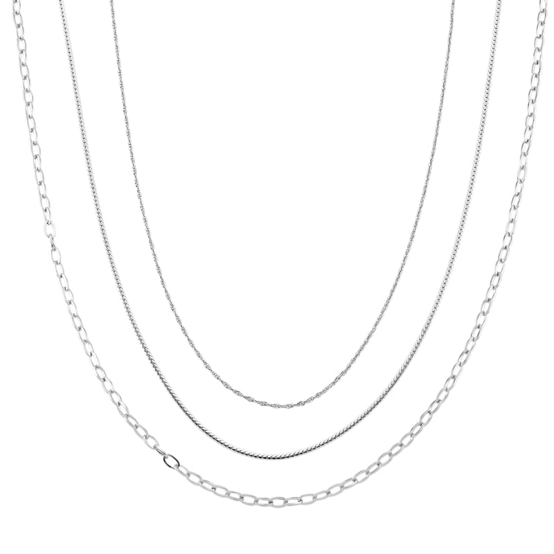  Set of 3 Fine, Link and Twisted Rope Chain Necklace in Stainless Steel 20-22 Inches