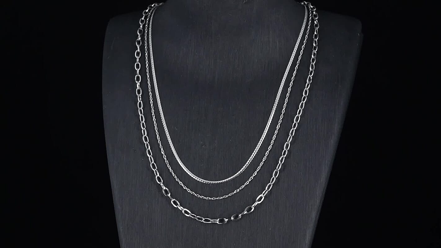Set of 3 Fine, Link and Twisted Rope Chain Necklace in Stainless Steel 20-22 Inches