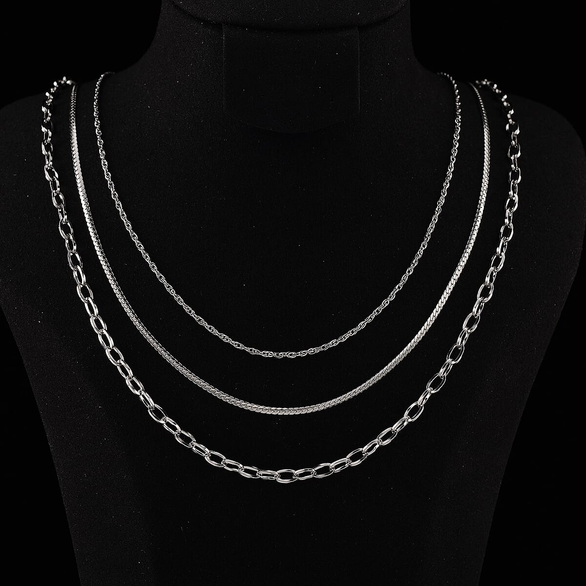 Doorbuster Set of 3 Fine, Link and Twisted Rope Chain Necklace in Stainless Steel 20-22 Inches image number 1