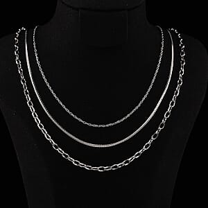 Doorbuster Set of 3 Fine, Link and Twisted Rope Chain Necklace in Stainless Steel 20-22 Inches
